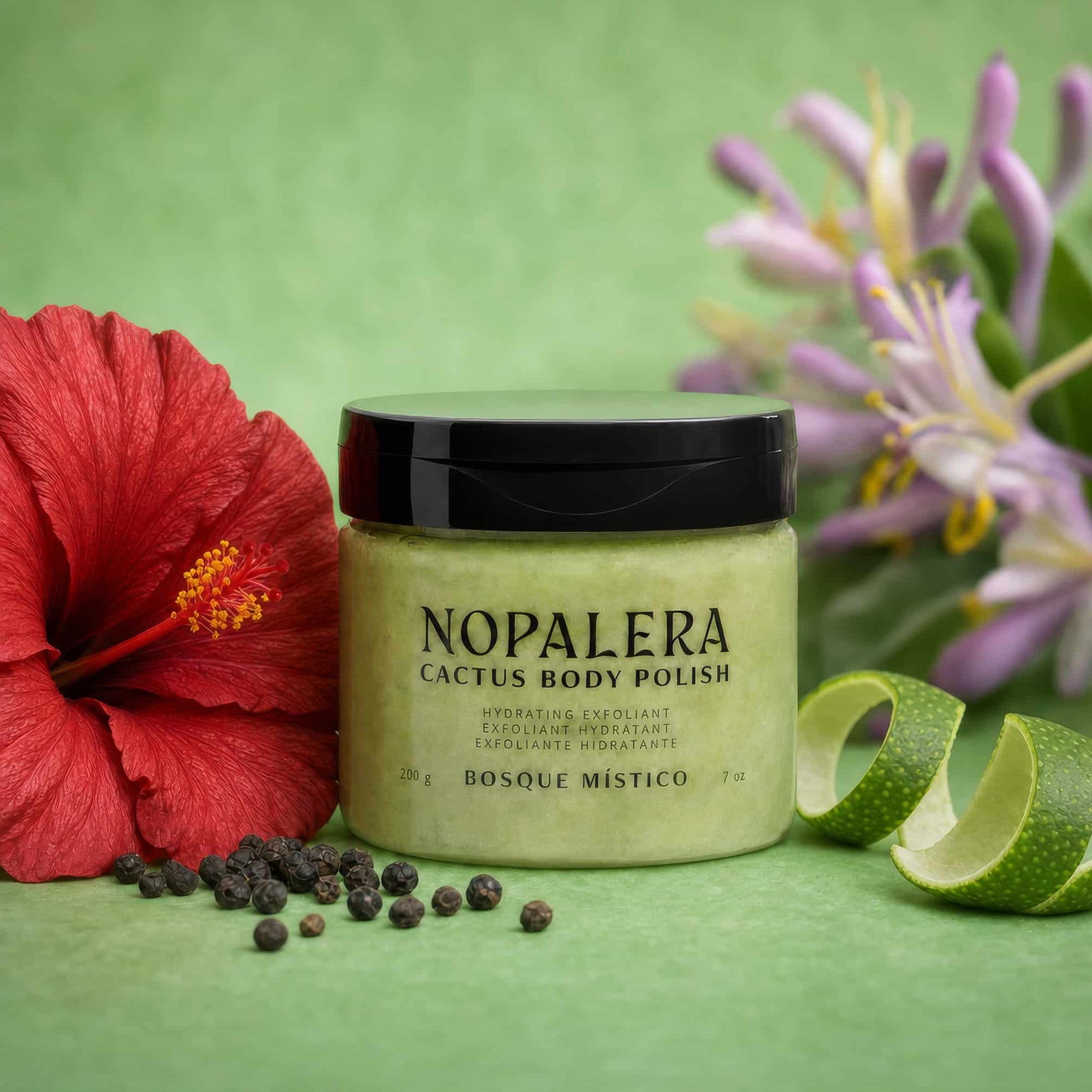 Jar of Nopalera Cactus Body Polish with a red flower and green background