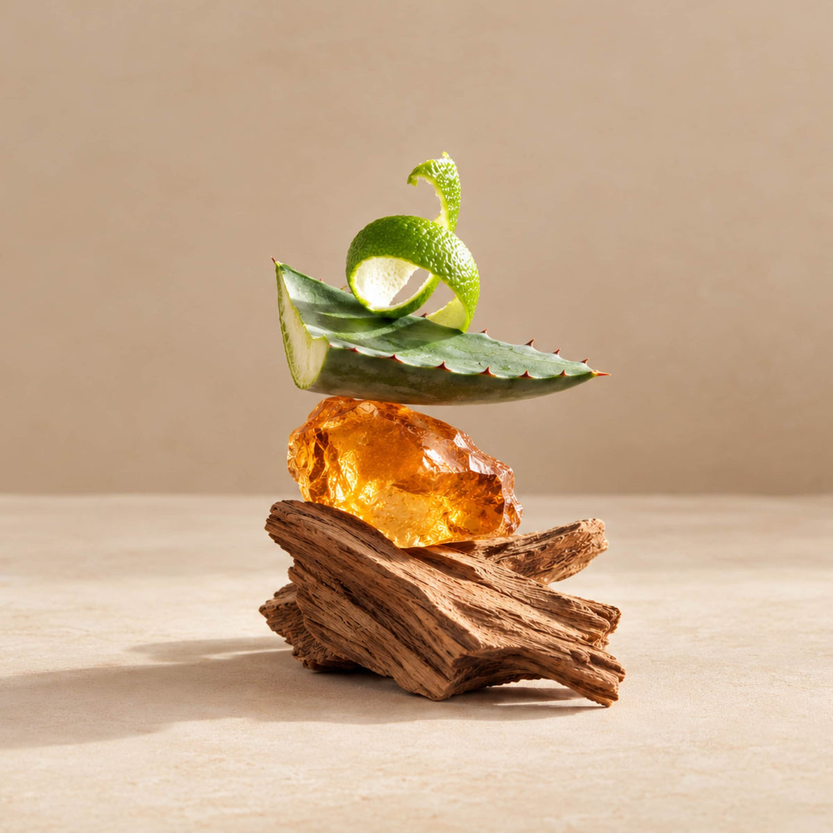 A polished amber gemstone resting on a piece of driftwood, with a green Cactus  and lime peel curled on top, set against a neutral beige background.