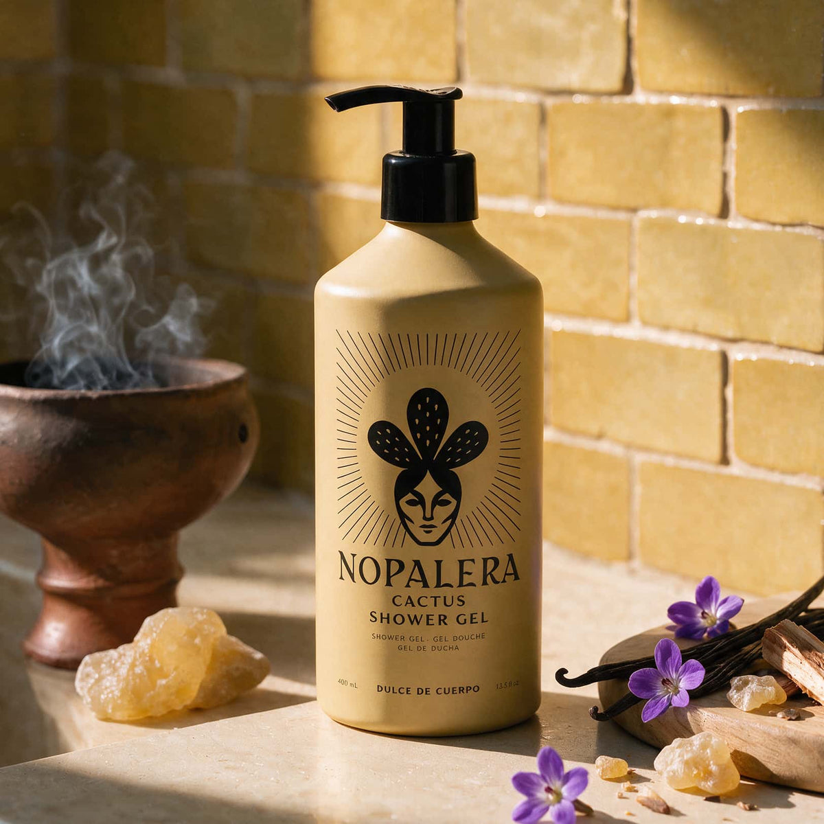A bottle of Nopalera Cactus Shower Gel stands on a stone surface against a yellow brick wall, styled with a burning incense burner, crystals, vanilla beans, and purple flowers.