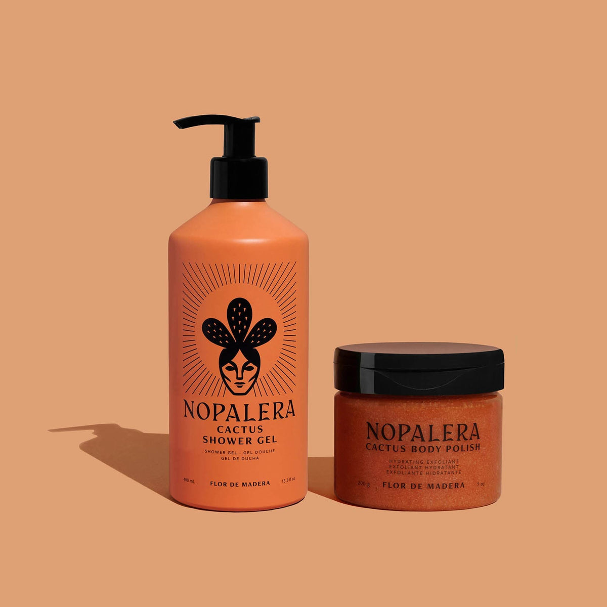 Nopalera Cactus Shower Gel and Body Polish on salmon background