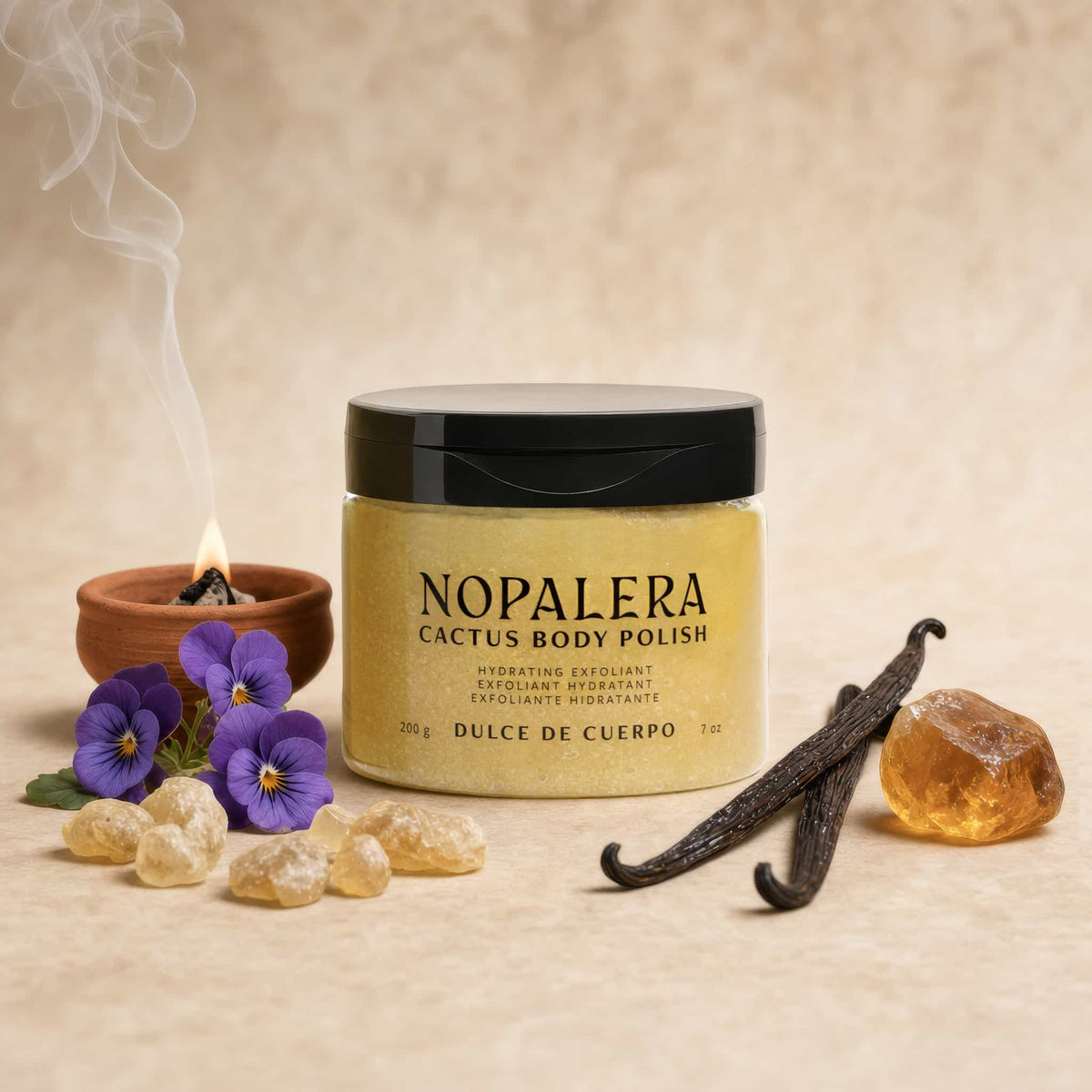 Nopalera cactus body polish jar in a beige background
